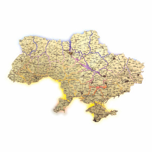 Карта Украины из дерева с подсветкой (LED, сине-жёлтая) Высокая детализация обозначений 60х40 см (0001218)